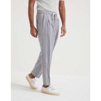 Brunello Cucinelli Mens Grey Linen Wool Blend Striped Trousers, Size 46