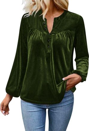 Generic Womens Velvet Long Sleeve Blouse Elegant Plain Henley Neck Button Down Shirt Retro Soft Velvet Fabric Relaxed-Fit Casual Ladies Tunic Tops Comfortable