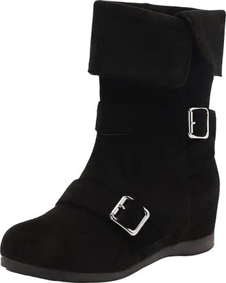 Generic Womens Retro Mid Calf Boots Round Toe Hidden Wedge Increasing Heel Slip On With A Decorative Side Buckle