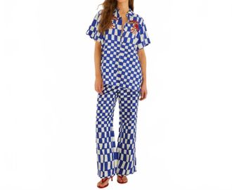 Farm Rio Linen Blend Checked Pant In Blue