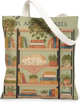 Generic Cat Canvas Tote Bags, Cute Feline Plant Pattern Reusable Grocery Bags, Autumn Vintage Lightweight Washable Shoulder Strap C, Green, 13x15 Inch