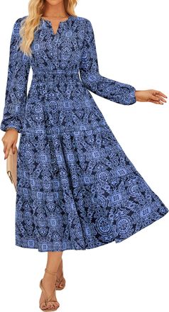 Grace Karin Women Henley V-Neck Long Sleeve Dress Casual Elastic Waist A-Line Tiered Midi Maxi Dress CL37-03/Navy Blue Flower S