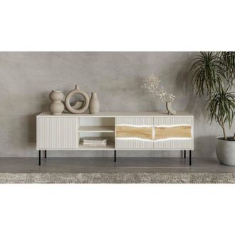 Dmora Mueble De Tv Luvinate, Aparador De Sal&oacute;n Con Tres Puertas Batientes Y Dos Compartimentos, Con Luces Led, Elevado Del Suelo, 190x40 H62 Cm, Beige Y Nud