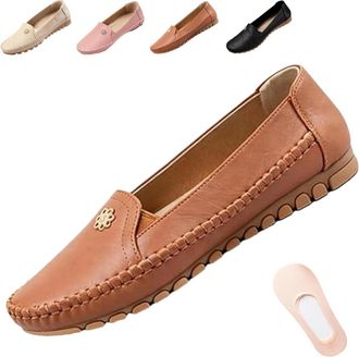 Generic Stylish Orthopedic Leather Shoes All-Day Comfort for Women - Casual Lightweight Slip on Stitched Flat-Soled with Flower (Brown,5.5)