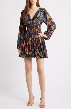 Ciebon Janiero Floral Long Sleeve Bubble Hem Minidress in Black Multi at Nordstrom, Size X-Small