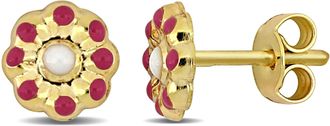 Mimi & Max Pink and White Enamel Flower Stud Earrings in 14k Yellow Gold
