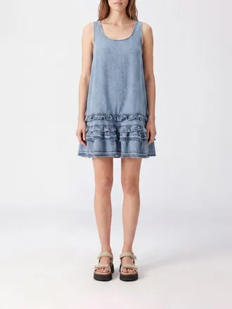 Ganni Off-the-Shoulder Denim Mini Dress with Ruffle Details and U-Neck
