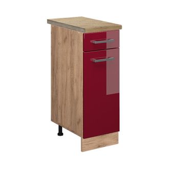 Vicco Mueble Bajo De Cocina R-line, Rojo Burdeos Alto Brillo, 30 Cm, Et Roble