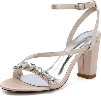Generic Wedding Bridal Shoes Womens Heels Sandals Open Toe Fashion Chunky Heels Sandals Party Wedding Dress Shoe 8.5Cm,Champagne,10 UK