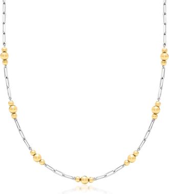 Ross-Simons Sterling Silver and 18kt Gold Over Sterling Alternating Paper Clip Link and Bead Station Necklace
