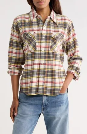 R13 Slim Fit Plaid Flannel Western Shirt in Cream White Grey Orange Plaid at Nordstrom Rack, Size Medium