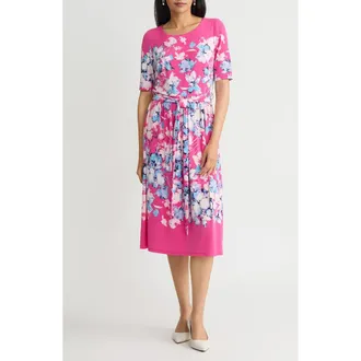 Kasper Floral Shirred Tie Belt Dress in Pink Perfection Multi at Nordstrom, Size 12