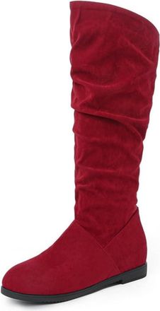 Generic Womens Knee High Slouchy Boots Comfort Round Toe Hidden Low Wedge Heels Winter Warm Shoes Wide Calf Pull On (7.5,Red)