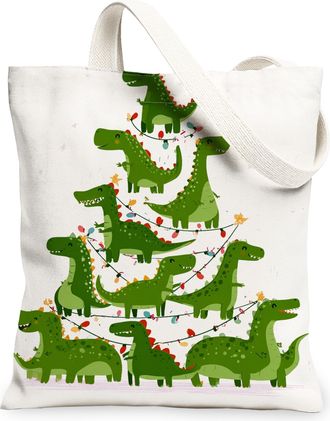 Generic Christmas Dinosaur Canvas Tote Bags, Adorable Dino Print Reusable Grocery Bags, Lightweight Washable Shoulder Strap Canvas, White, 13x15 Inch