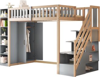 STILVORA Cama Alta 90 X 200 Cm Con Armario, Almacenamiento Y Estantes, Sin Colch&oacute;n, De Madera, Gris Y Natural