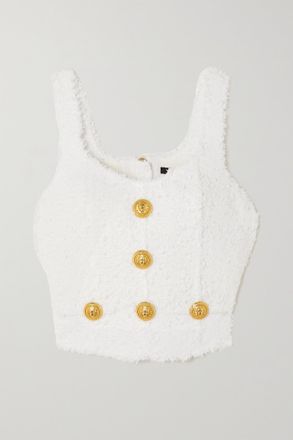 Balmain Top In Tweed Boucl&eacute; Con Bottoni Gioiello - Bianco