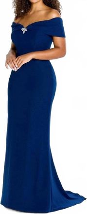 Montage by Mon Cheri Off-The-Shoulder Stretch Crepe Gown In Navy