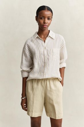 GANT Women Relaxed Fit Striped Linen Shirt (46) OAT BEIGE