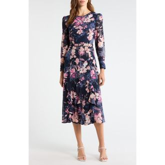 Tahari by ASL Floral Belted Ruffle Hem Midi Dress in Navy Peri Floral at Nordstrom, Size 14