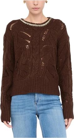 Liu Jo Rondgebreide trui met strass - Dames - Ronde hals truien - Bruin - S - Wol - Truien & Vesten