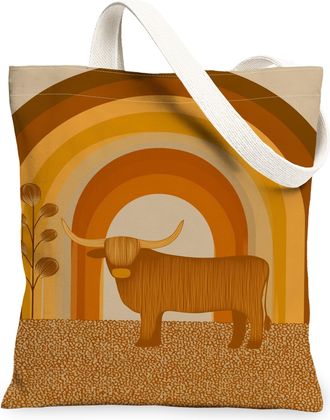 Generic Vintage Animal Canvas Tote Bags, Rustic Bull Design Reusable Grocery Bags, Fall Decorative Lightweight Washable Shoulder St, Brown, 13x15 Inch
