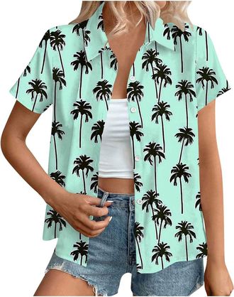 Generic Hawaiian Button Down Shirts Women Sale,Summer Floral Printed Short Sleeve Blouses 2025 Trendy Loose Lapel Soft Cool Beach Vacation Tops Boho Going Out