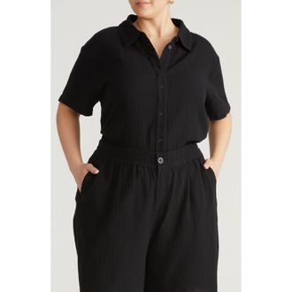 Universal Standard Toni High Low Button Down Cotton Gauze Top in Black at Nordstrom, Size Xxx-Large