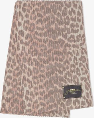 Ganni Mixed Leopard Wool Knit Scarf Recycled Polyamide