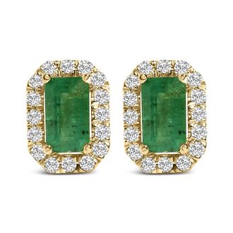 House of Brilliance 14K Yellow Gold Green Emerald and 1/8 Cttw Diamond Halo Octagonal Shaped Stud Earrings