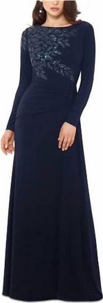 Xscape Long Sleeve Sequin Shoulder Gown In Navy