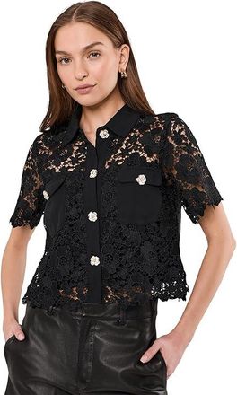 CeCe by Cynthia Steffe Patch Pocket Short Sleeve Lace Button Down Womens Clothing Rich Black : LG, Lace/Polyester