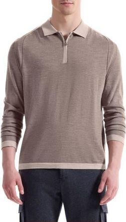 Bugatchi Long Sleeve Merino Wool Quarter Zip Polo Sweater in Walnut at Nordstrom Rack, Size X-Large