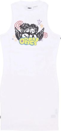 Obey Wit Multi Crew-Neck Jurk - Dames - Korte kleedjes - Wit - S - Katoen - Kleedjes