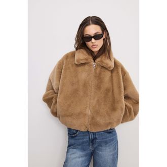 Good American Womens Faux Fur Collar Jacket | Warm Caramel, Size Medium | Good American by Khlo&Egrave; Kardashian