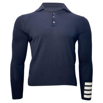 Thom Browne 4-Bar Long Sleeve Polo Shirt in Navy Blue Merino Wool