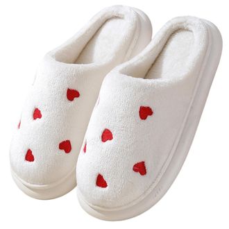 Generic Womens Slippers Cozy Valentines Day Couple Footwear Warm Shoes With Heart Design Indoor Outdoor Comfortable Flat Sole Cozy House Slippers For Women(Wh