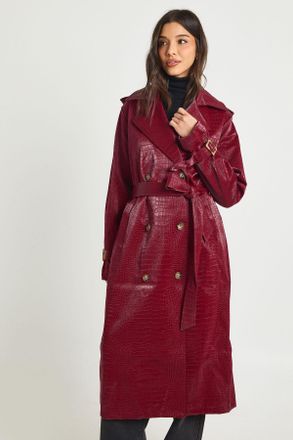 Boohoo Womens Croc Faux Leather Trench Coat - Red - Size 14 UK