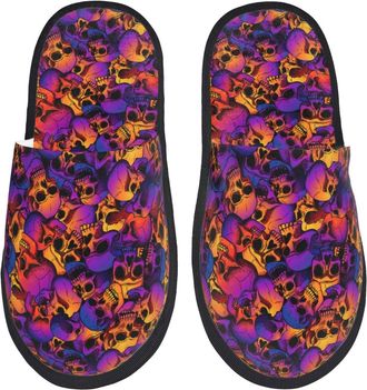 Generic Warm Slipper Skull Print Home Slipper Breathable Fluffy Slippers Unisex Scuff Slippers For Winter Travel Hotel L