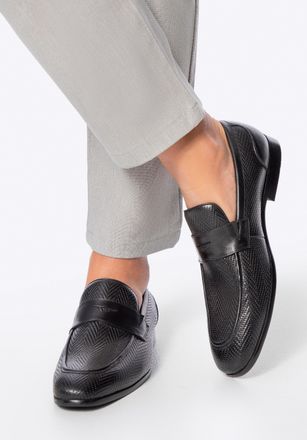 Wittchen Heren Leren Mocassins met Visgraatmotief Zwart Echt Leer