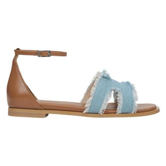Estro & Luminara Flat Sandals, female, Multicolor, Size: 10 US Brown Leather Sandals with Denim Insert