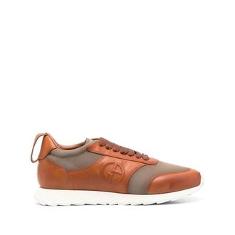 Giorgio Armani Elegante Grijze Leren Sneakers - Heren - Sneakers - Bruin - 45 EU - Leer - Schoenen