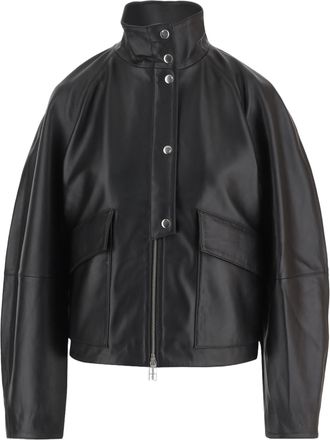 By Malene Birger High Collar Black Leather Jacket With Flap Pockets