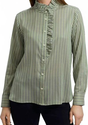 Jade Yoga Stripe Ruffle Button Down Blouse In Olive Stripe