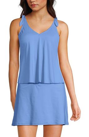 Lands End D-Cup Chlorine Resistant V-neck Shoulder Tie Flutter Tankini Swimsuit Top in Lake Blue at Nordstrom, Size 14
