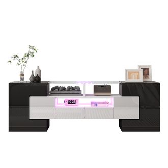 STILVORA Mueble De Tv Con 6 Puertas, 2 Cajones Y Led Multicolor, Acabado Brillante Moderno, 145&times;30&times;51 Cm, De Aglomerado, Blanco Y Negro