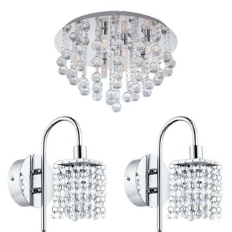 Loops Low Ceiling Light & 2x Matching Wall Lights Chrome & Crystal IP44 Bathroom Lamp