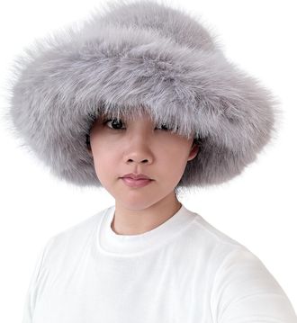 Lina & Lily Oversized Winter Faux Fur Bucket Hat for Women - Long Pile Fur Wide Moldable Brim (Light Grey)