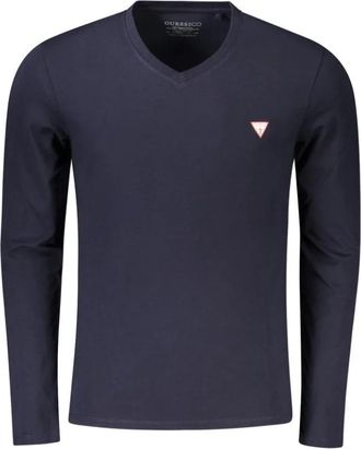 Guess Blauw Katoen V-Hals Logo T-Shirt - Heren - Longsleeves - Blauw - 2XL - Katoen - Tops