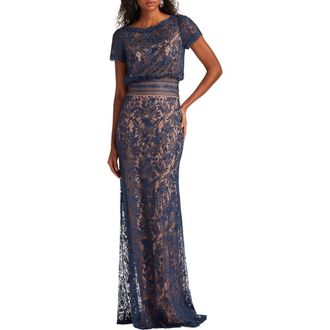 Tadashi Shoji Lace Blouson Bodice Gown in Navy/Nude at Nordstrom, Size 16