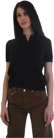 Ralph Lauren Cable-Knit Polo Top - Dames - V-hals truien - Zwart - XS - Katoen - Truien & Vesten